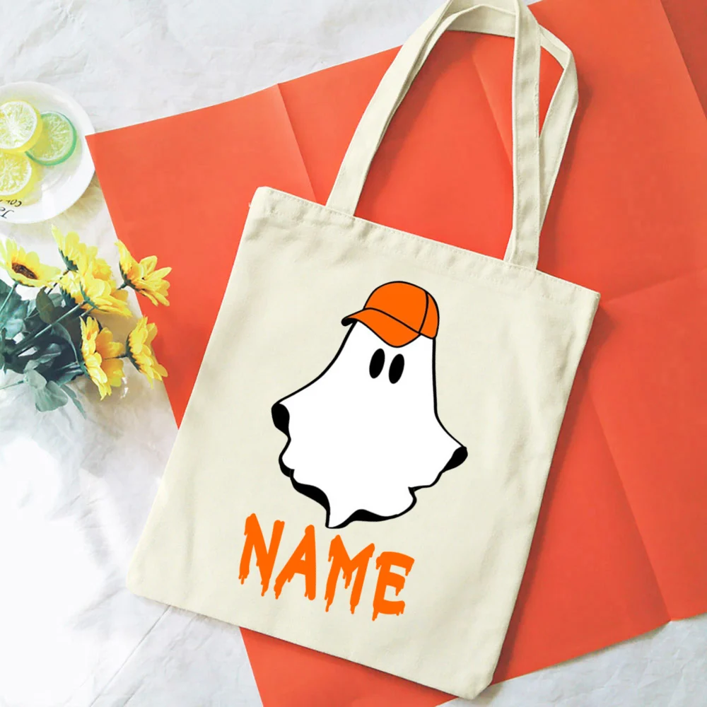 Bolsa de truco o trato personalizada para niños, bolsas de mano con nombre de fantasma para fiesta de Halloween, bolsas de dulces para niños, regalo de vacaciones de otoño para niños