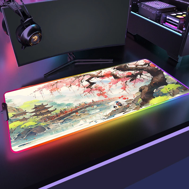 Gaming Setup Accessories Green Guochao Landscape Rgb Anime Mouse Pad 900x400 Computer Mat Gamer Desktops Mousepad Backlight Pads