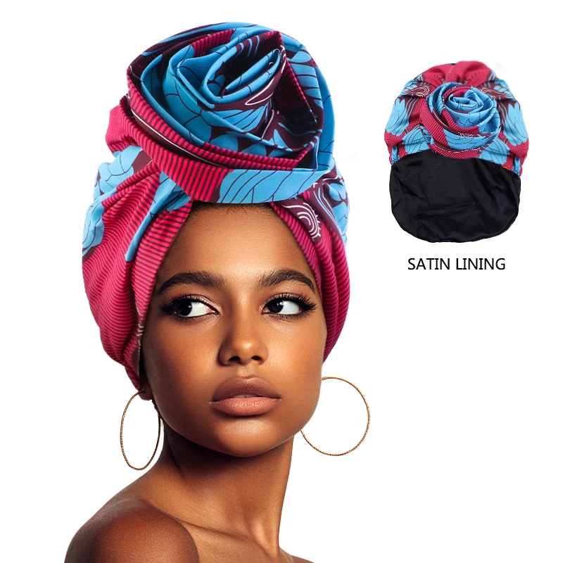 Turbante forrado de satén con estampado africano para mujer, sombrero de flores de inmersión, todo tipo de gorras étnicas populares multifunción