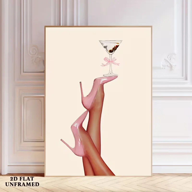 [2D Flat] Elegant Pink High Heel Canvas Art Print - 2D Flat, Unframed Wall Decor with Martini Glass & Floral Accents, Ideal for