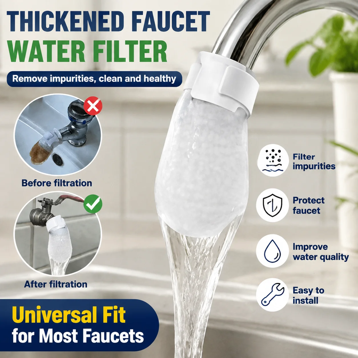 Thickened Faucet Filter Cotton Anti Splash Water Purifier for Sediment Rust and Scale Removal from Well Spring Tap Water