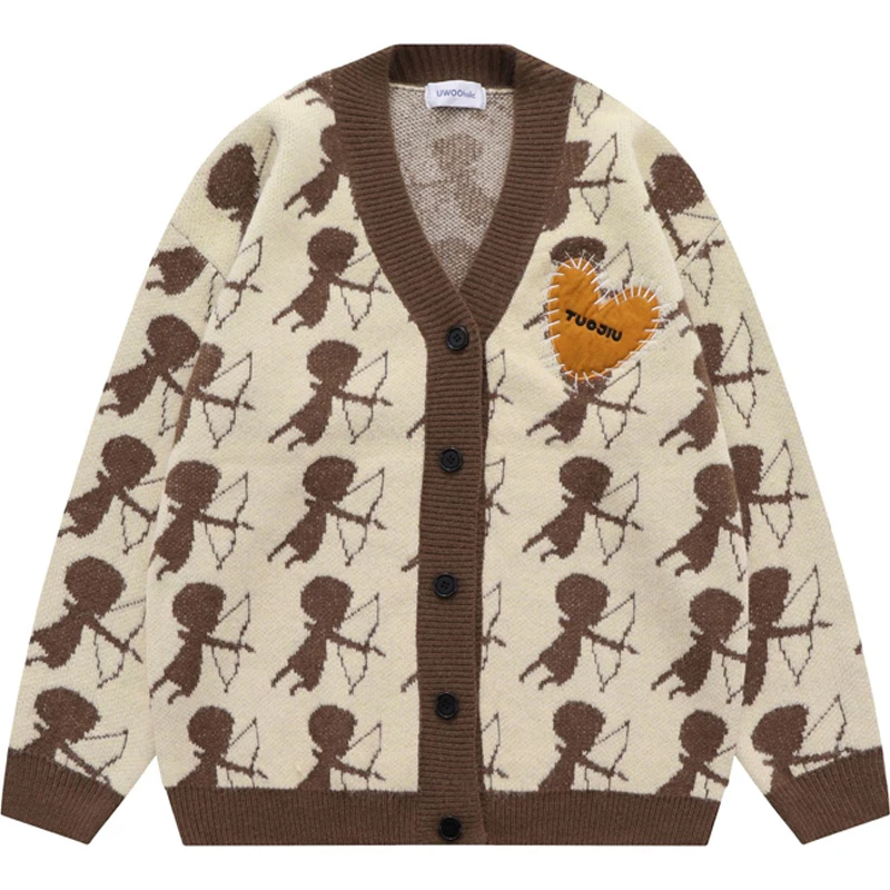 

Retro Cartoon V-neck Embroidered Heart Sweatercoats Men Women Casual Knit Cardigan Couple Fall Winter Harajuku Hip Hop Sweaters
