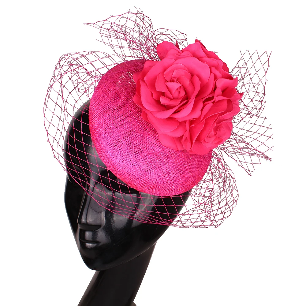 

Red Sinamay Fascinator Hat Veils Flowers Wedding Headpiece Women Bride Occasion Hair Accessories Ladies Party Dinner Fascinators
