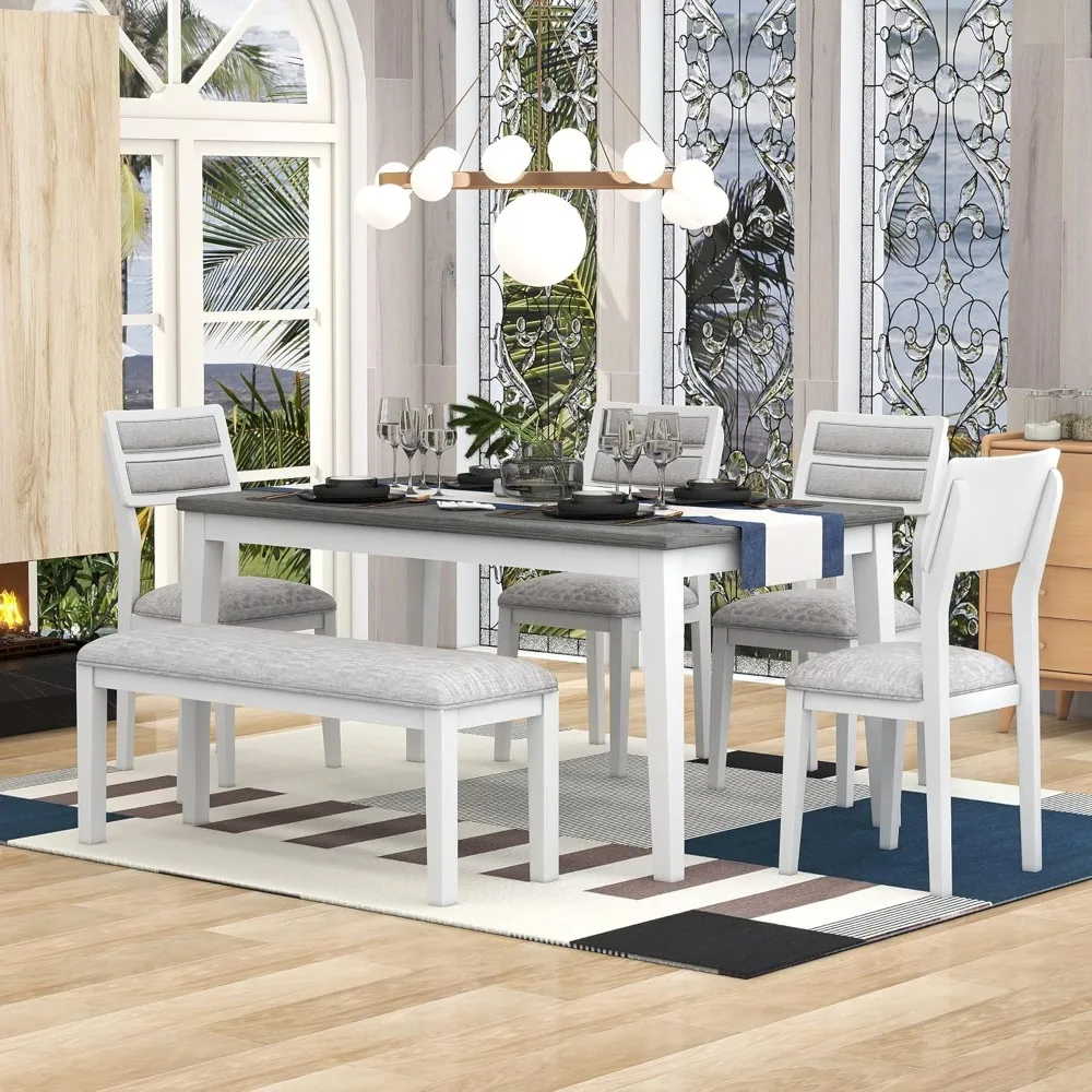 6 Piece Dining Table Set with Bench, Rectangle Dining Table with 4 Upholstered Chairs & a Bench