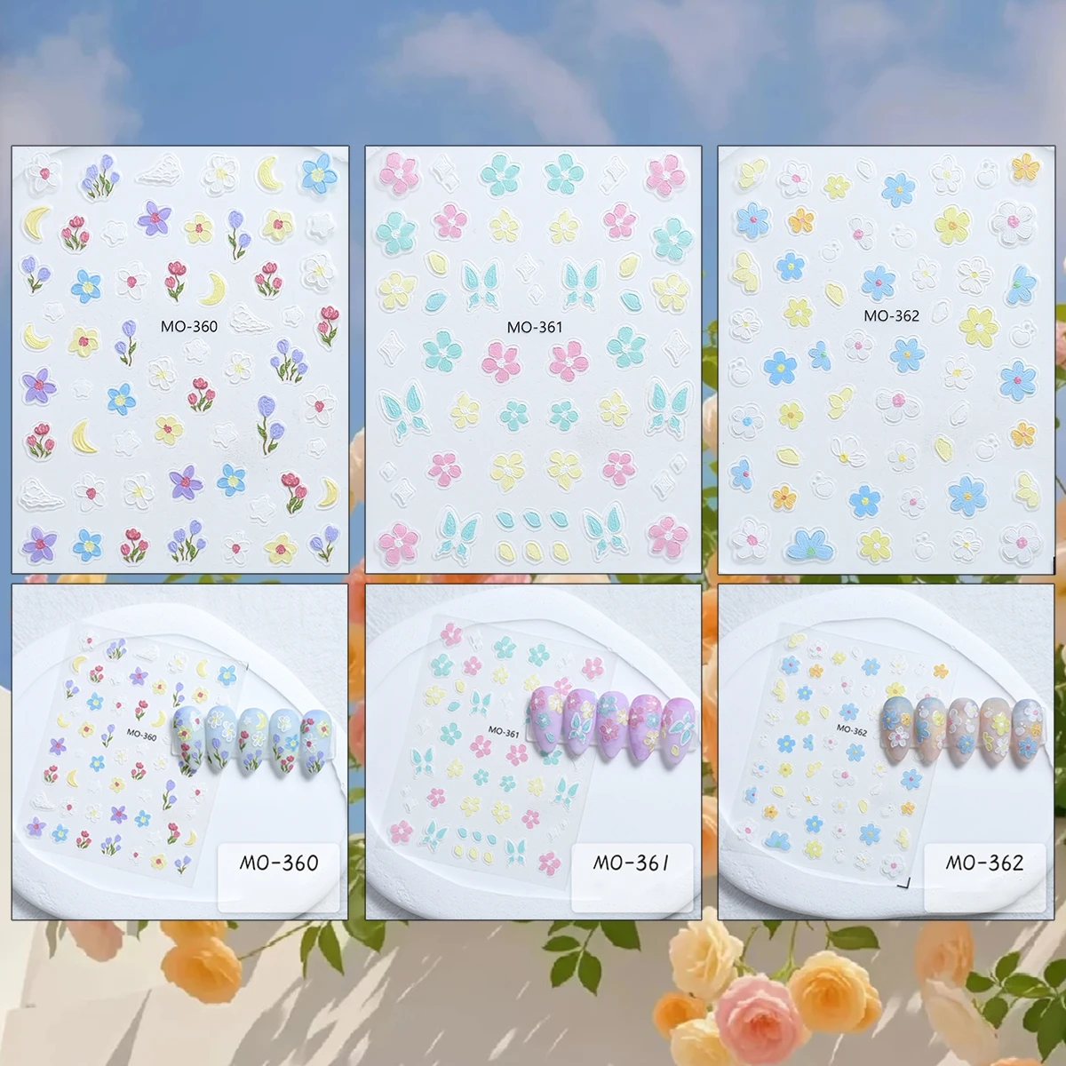 3/6/12 Sheets 5D Embossed Pastel Flower Butterfly Daisy Nail Stickers Cute Floral Self Adhesive Spring Nail Decals