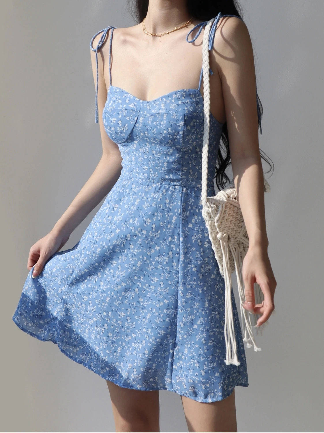 Blue Flower Spaghetti Strap Vintage Dress Women Clothing Sleeveless Lace-up Fashion Summer Mini Womens Dresses Vacation Outfits