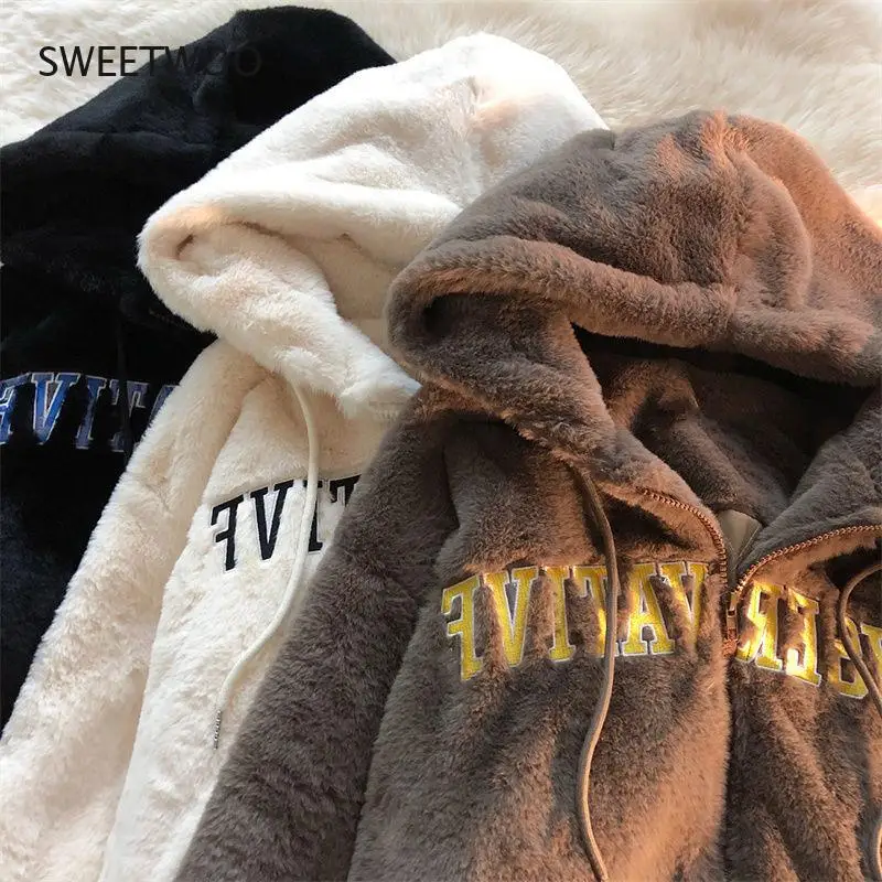 

Lamb Plush Winter Clothes Women Vintage Letter Embroidery Thickened Sweatshirt Women Tops Loose and Lazy Hoodies Women Coat 2022