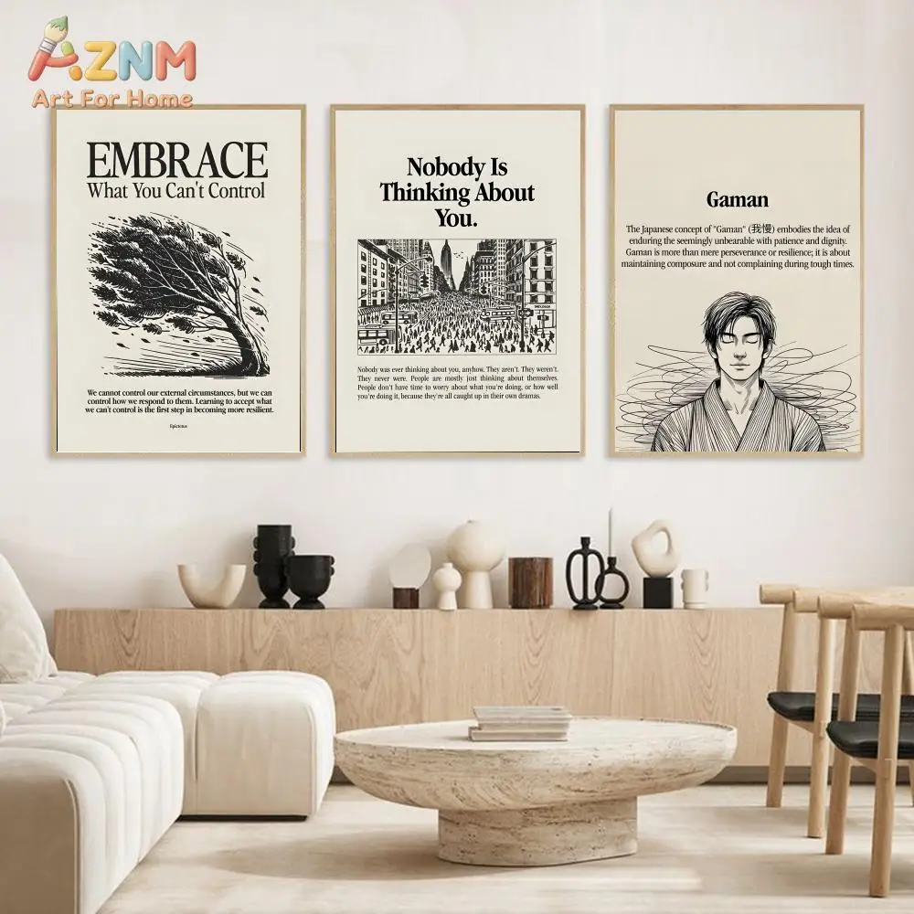 AZNM Vintage Stoic Quote Canvas Wall Art Line Tree Kintsugi Motivational Poster Mental Health Office Unframed Decor Print