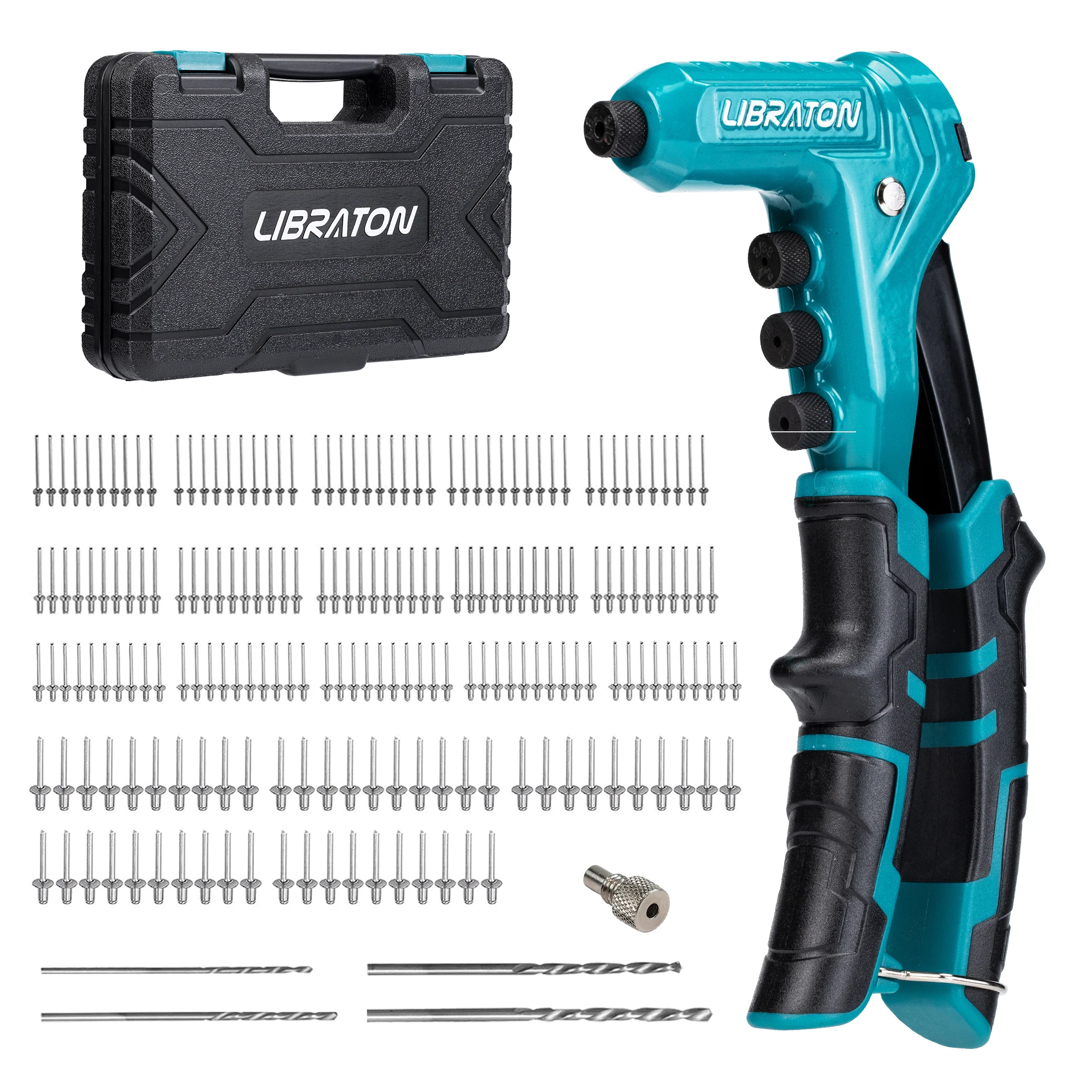 Libraton Rivet Gun Kit para Metalworking, rebitador de mão profissional de uma mão, ferramenta de rebitagem manual com 200 rebites para metal