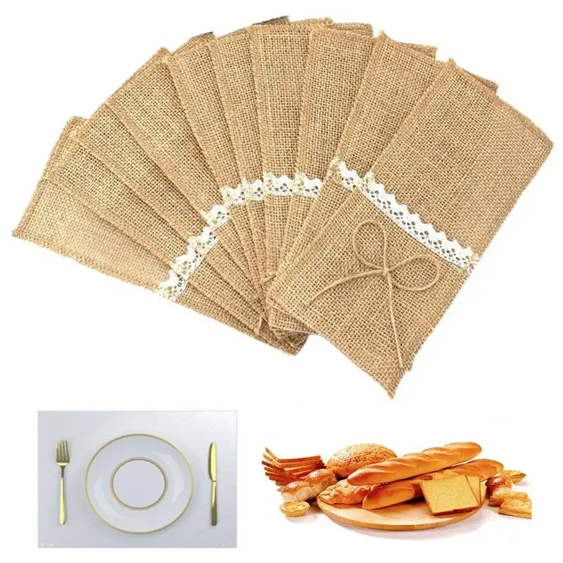 

48pcs Burlap Lace Tableware Pouch Cutlery Storage Bags Vintage Wedding Decorative Knife Fork Pockets Birthday Party Supplies