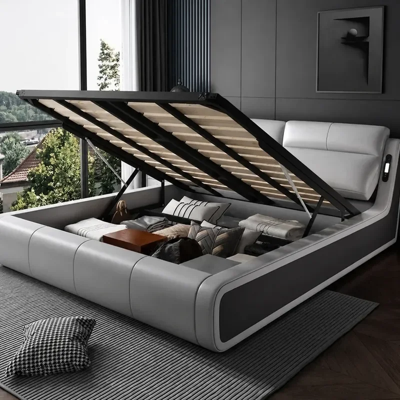 Multifunctional Modern Simple Double Smart Bed 2025 New Master Bedroom Queen Size Leather Bed Frame
