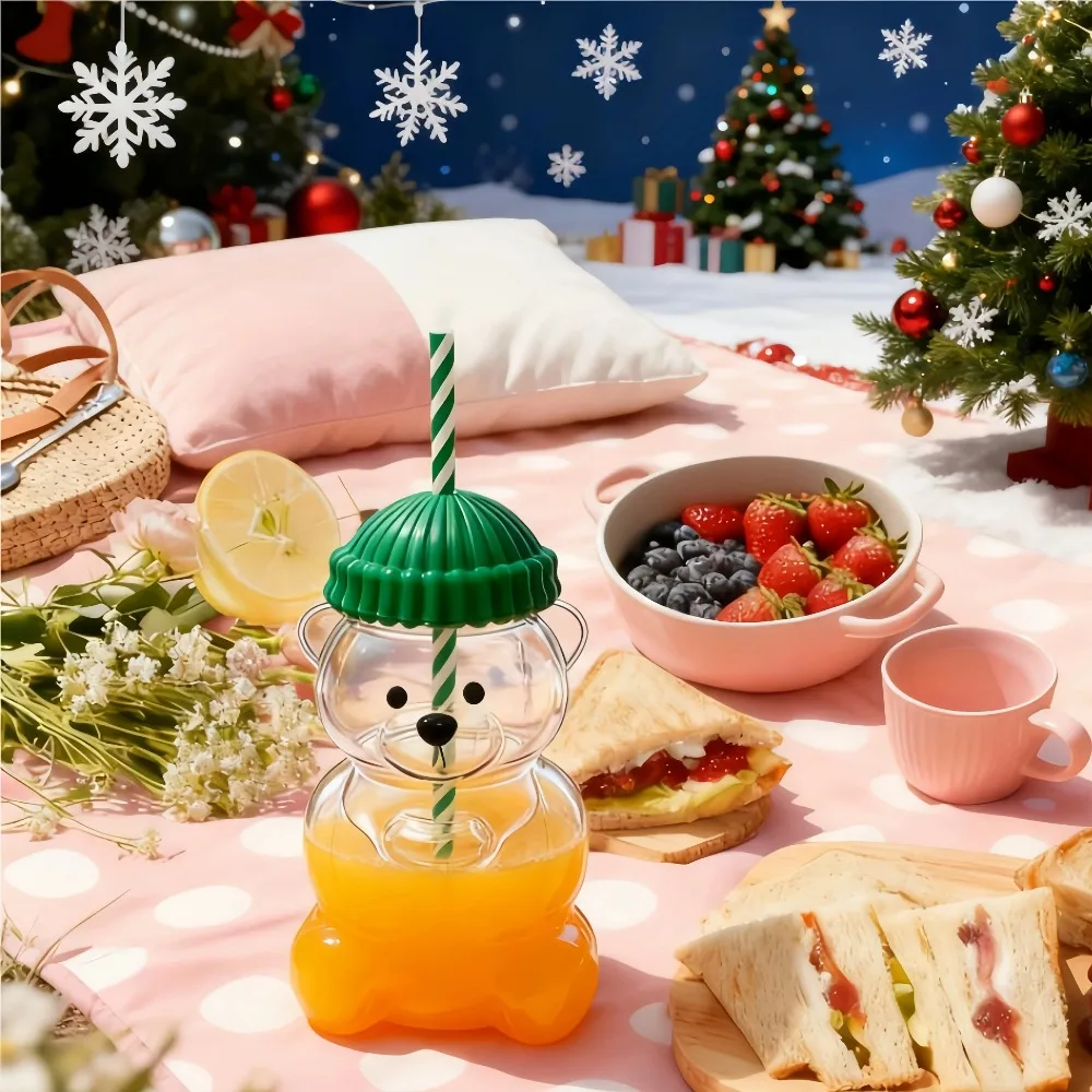 

Hot New Glass straw bear cup -500mL capacity can hold hot and cold drinks, leak proof, Christmas party gift