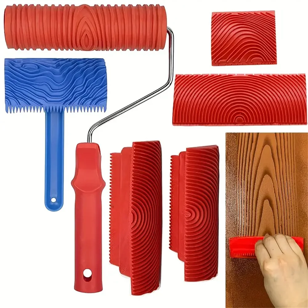 

6pcs Wood Graining Tool Set DIY Faux Wood Grain Roller Painting Tool with Handles Plastic Rubber Create Realistic Wood Effects
