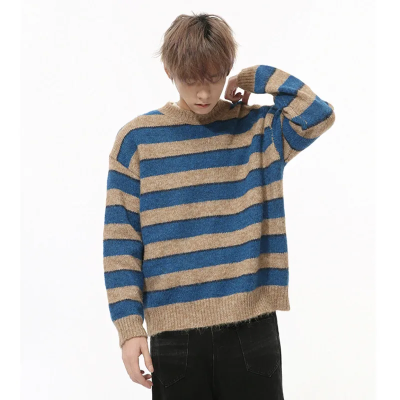 SYUHGFA Korean Style Niche Design Men's Round Collar Knitted Sweaters Contract Color Striped Loose Male Pullovers 2024 Winter