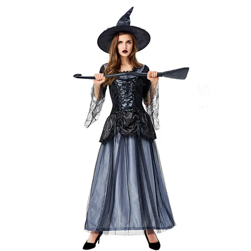 

Gothic Black Lace Woman Witch Cosplay Female Halloween Sorceress Costumes Carnival Purim Parade Masquerade Role Play Party Dress