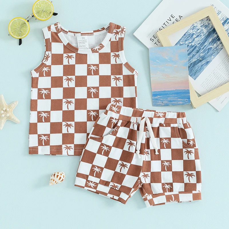 

Toddler Baby Boy Summer Clothes Sleeveless Print T Shirt Tops with Solid Shorts 2 PCS Outfits