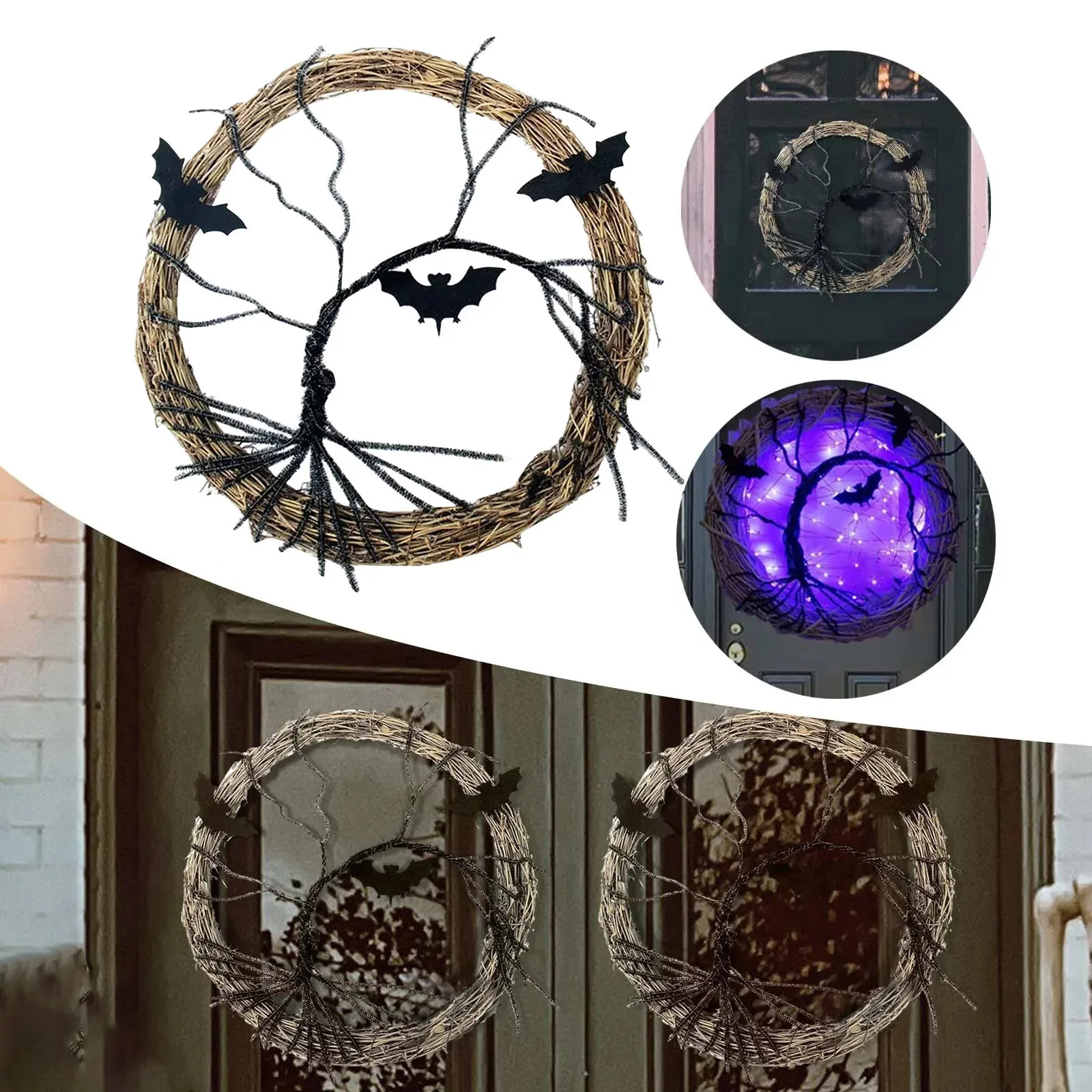 Halloween Wreath For Front Door Illuminated Christmas Garland Black Bat Rattan Wreath Halloween Decorations For Home Party Props