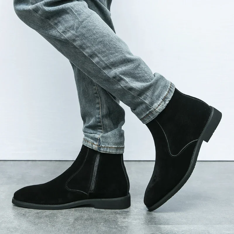 Botas de couro chelsea de lã invertida masculina, cano alto, zíper lateral, estilo europeu e americano, preto, marrom, moda masculina, 38-46