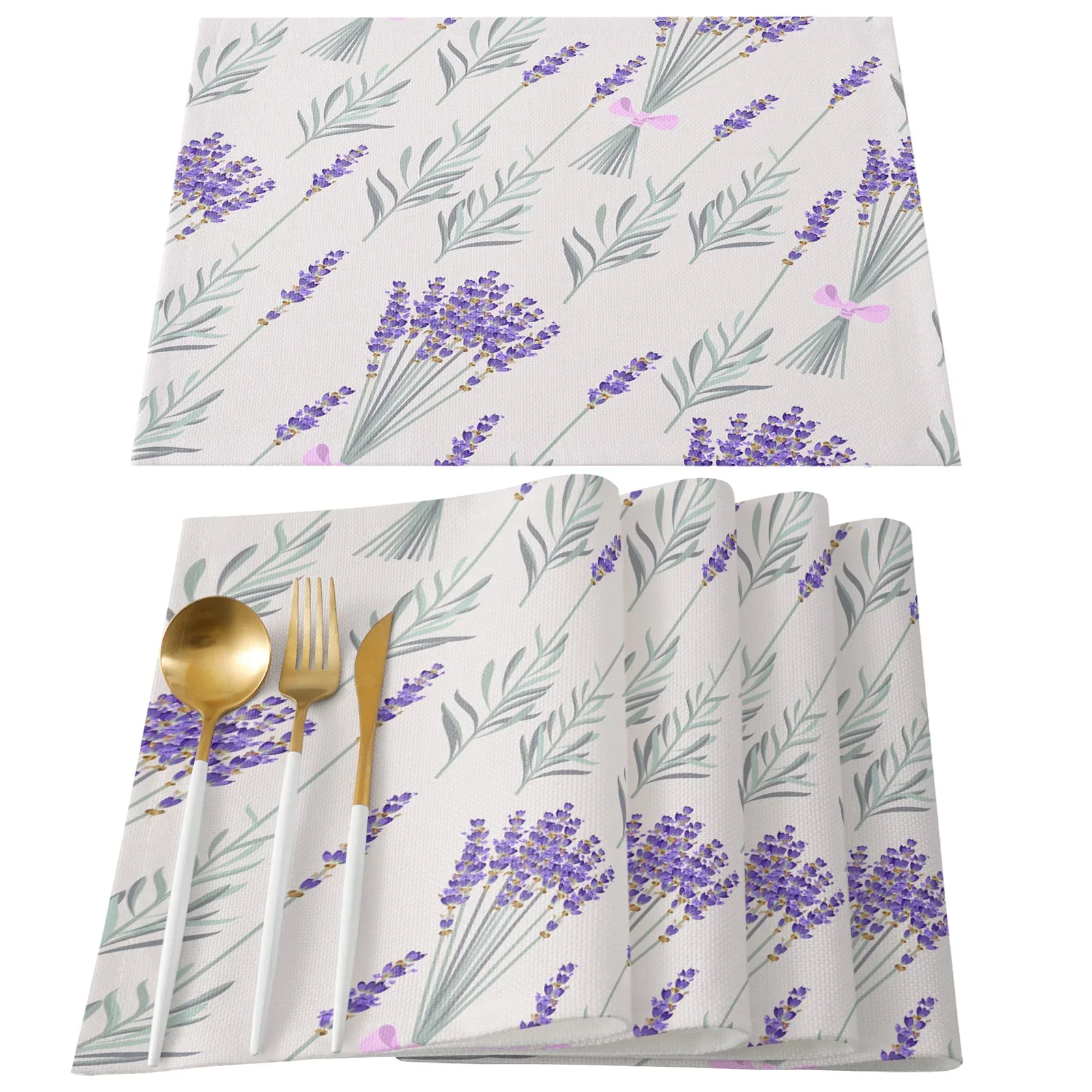 2/4/6pcs Placemat Table Mats Purple Lavender Printed Linen Place Mat for Home Party Dining Tables Wedding Kitchen Banquets Decor