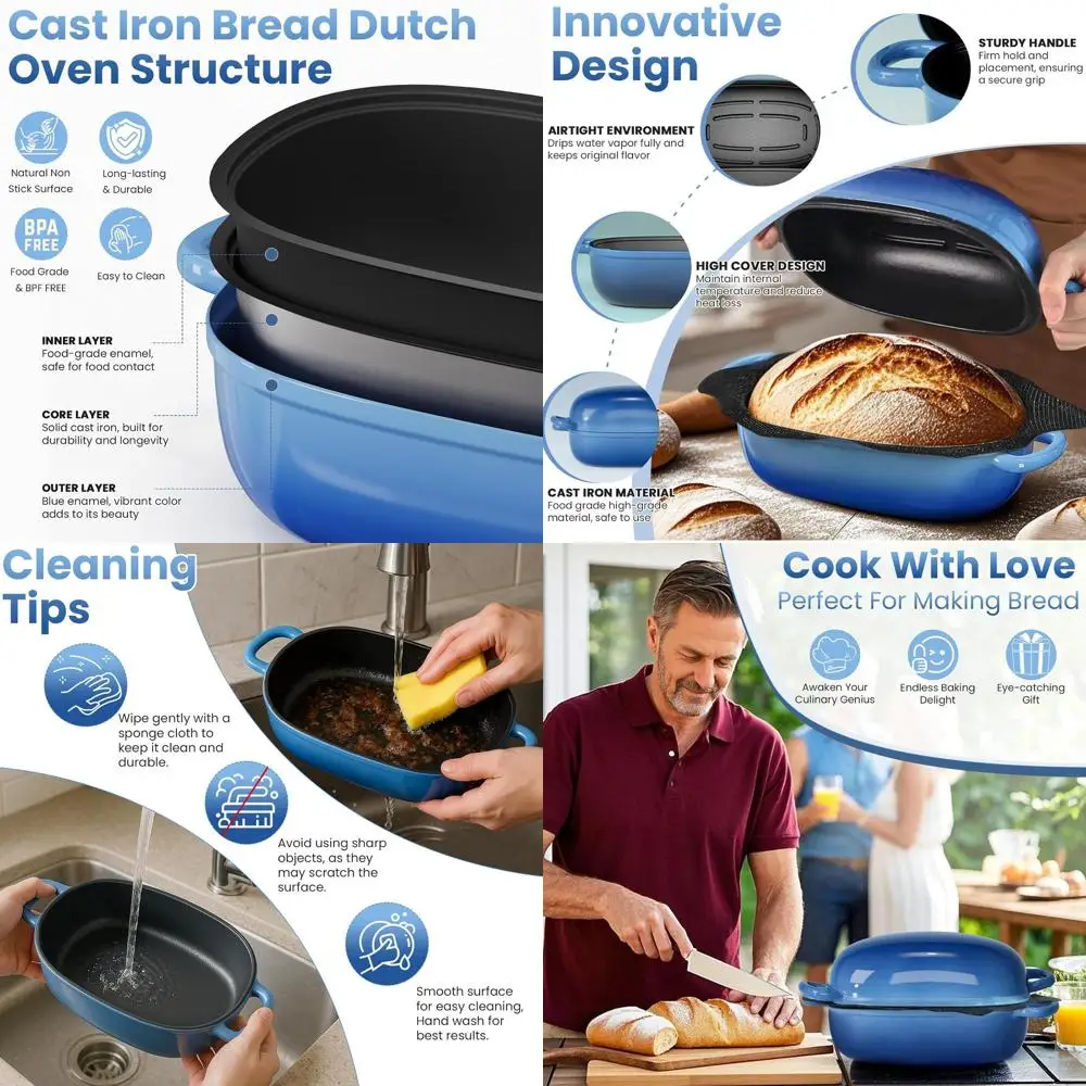 

2.5QT Cast Iron Dutch Oven for Sourdough Bread Baking, Non-Stick Silicone Liner, Blue Oval Pan, Ideal Gift for Bakers