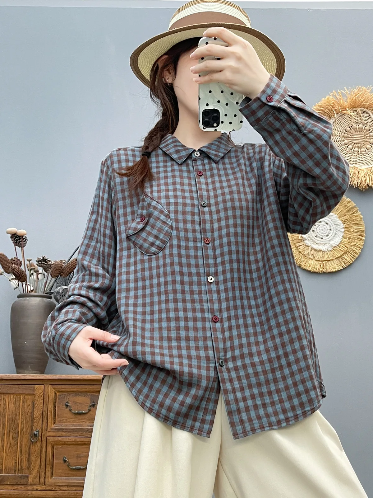 جديد 2025 قميص خريفي بأكمام طويلة من غزل القطن ، بلوزة فضفاضة متعددة الاستخدامات بياقة مقلوبة للنساء ، بلوزة موري جيرل للتنقل T59279CC