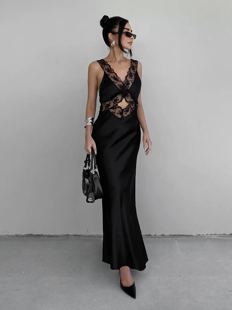 

Tossy Sexy Lace V-Neck Long Dress Women Slim Hollow Out Backless High Waist Sleeveless Camisole Party Dress Female Halter Dress