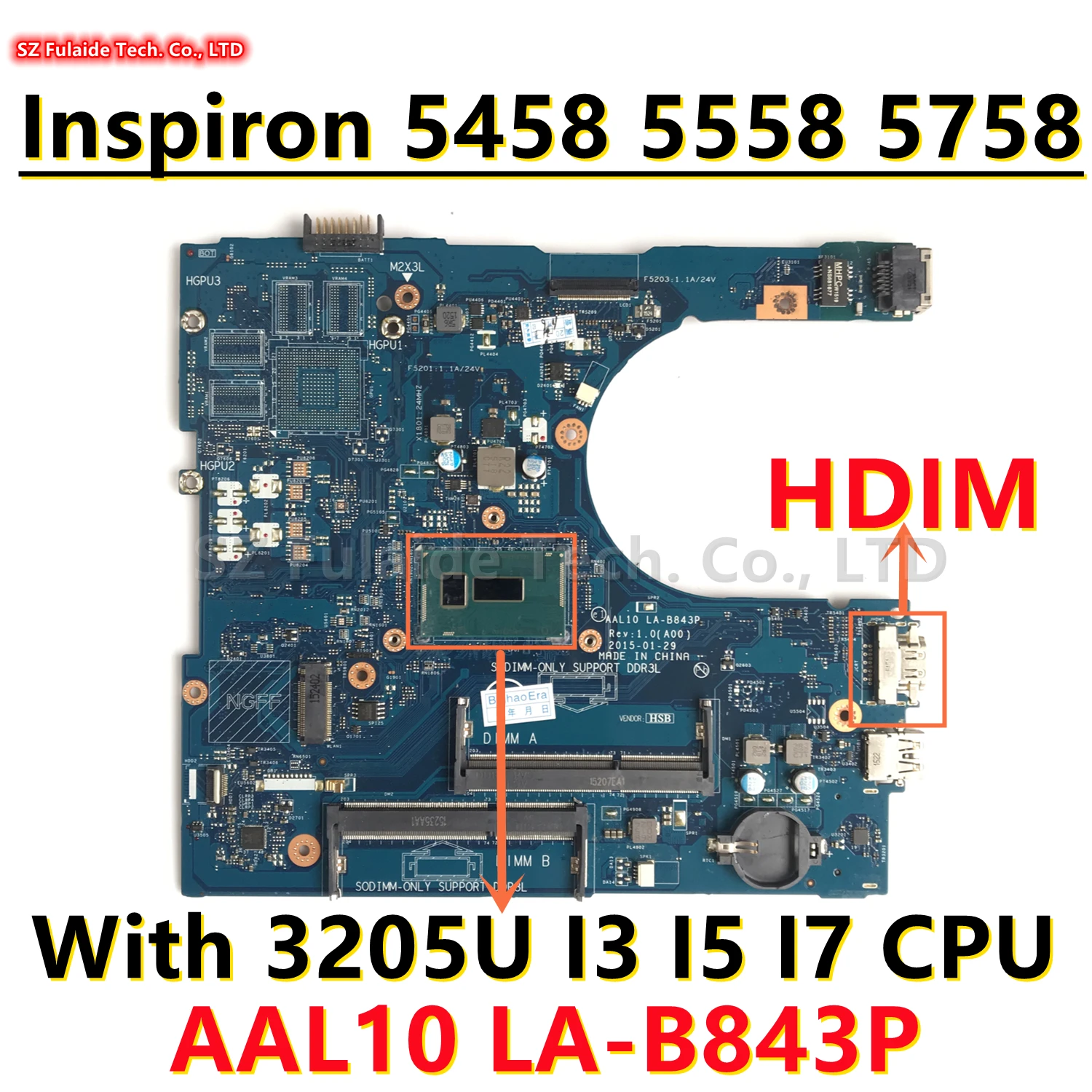 AAL10 LA-B843P For dell Inspiron 3458 3558 5458 5558 5758 Laotop Motherboard With 3205U 3215U I3 I5 I7 CPU HDMI 0N9T5P 0F0FC6