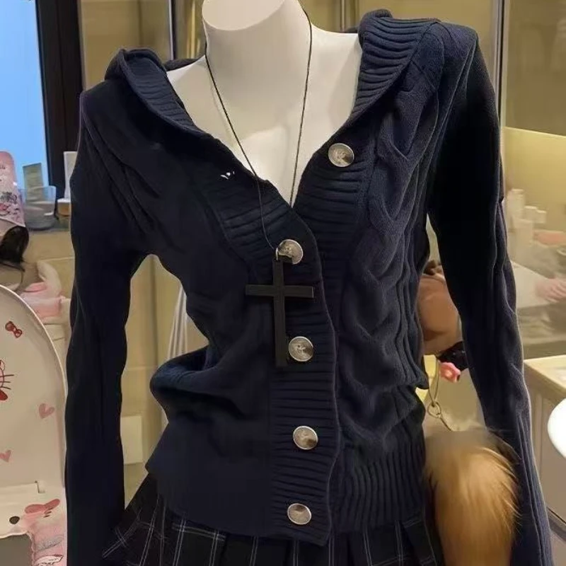 Y2K Subculture Black Fur Collar Knit Cardigan Women Vintage Batwing Sleeve Casual Sweater Jacket Fashion Stylish Cozy Outerwear