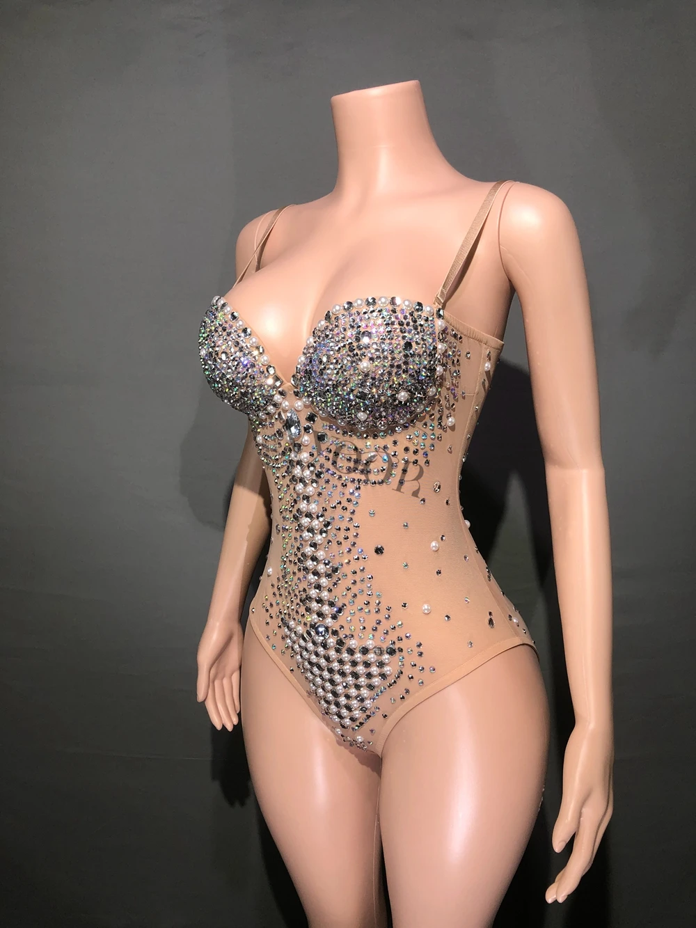 Women Singer Dancer Performance Dance Costume Stage Wear Sexy Mesh See Through Rhinestones Bodysuit Photography Leotard