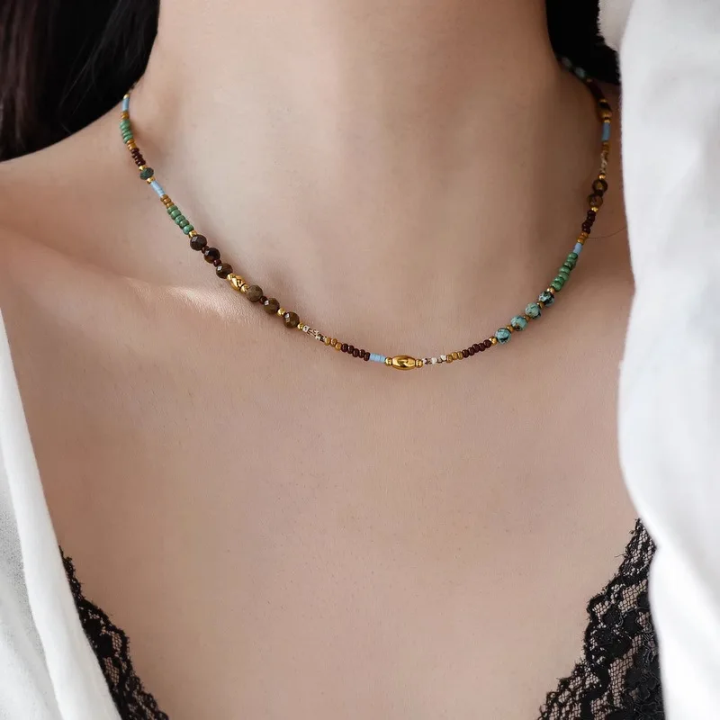 Vintage Natural Stone Necklace Women's Man's Clavicle Chain Peace Health Meditation Jewelry Good Luck Small Beads Necklaces