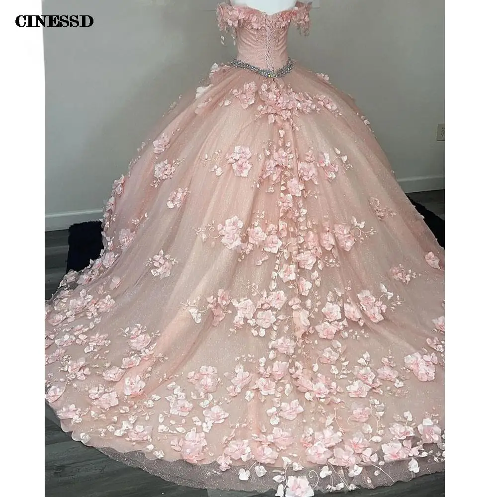 Vestidos de quinceañera rosa, flores 3D, hombros descubiertos, dulce 15 vestidos de fiesta de graduación, encaje brillante, vestido de Color hinchado para Formal, 2022