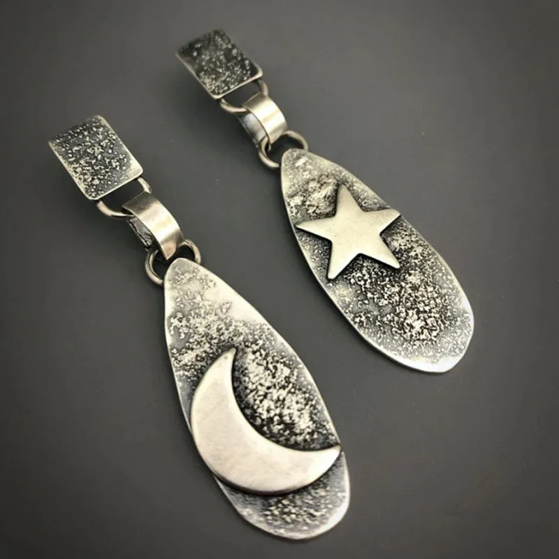 Retro moon and star earrings creative new style old metal blackened geometric asymmetrical earrings jewelry