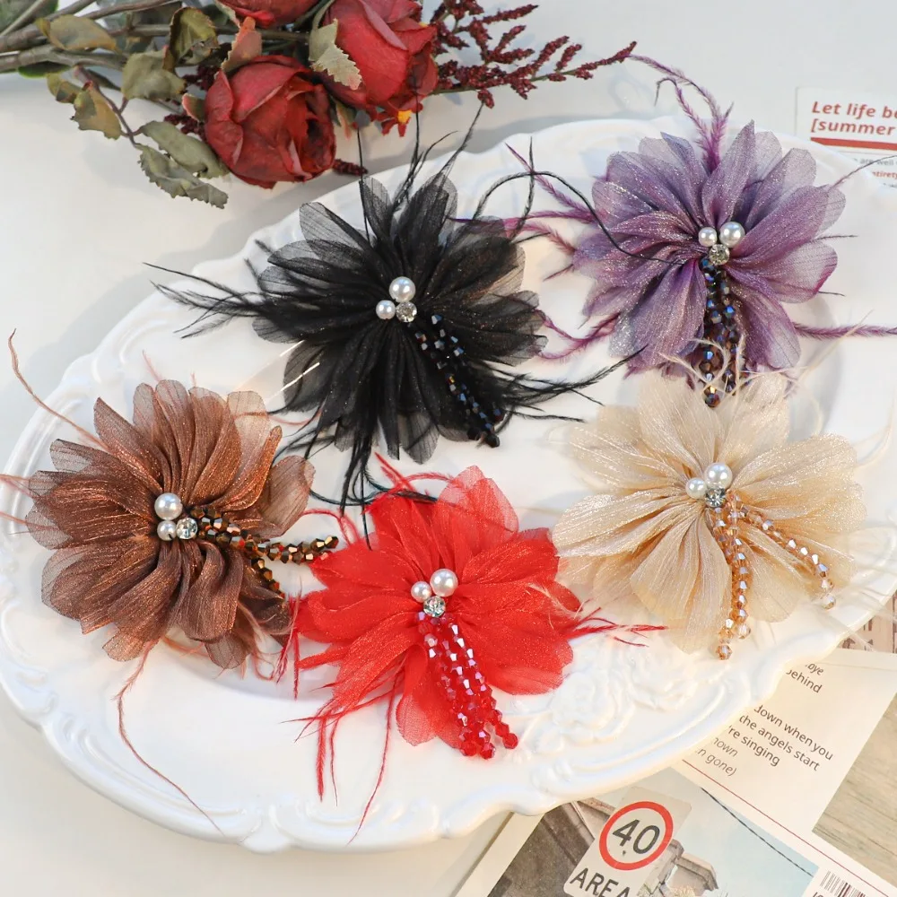 DIY Organza Flower Accessories Flower Glitter Crystal Inlay Bag Ornament Crystal Tassel Detail DIY Headdress Part Handcraft