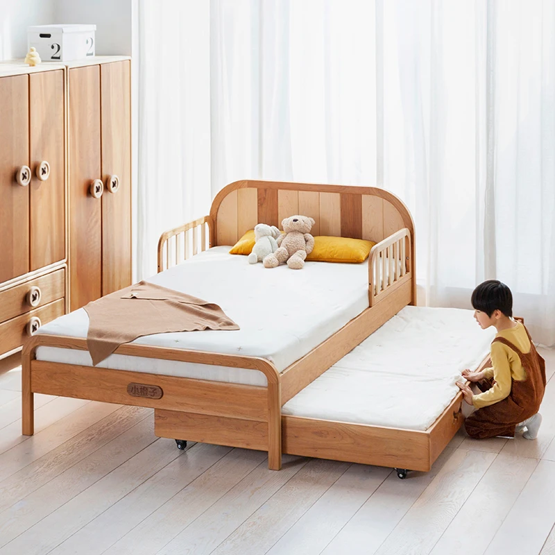 Light-colored mocha  bed, small apartment, optional guardrail trailer, solid wood Maillard style