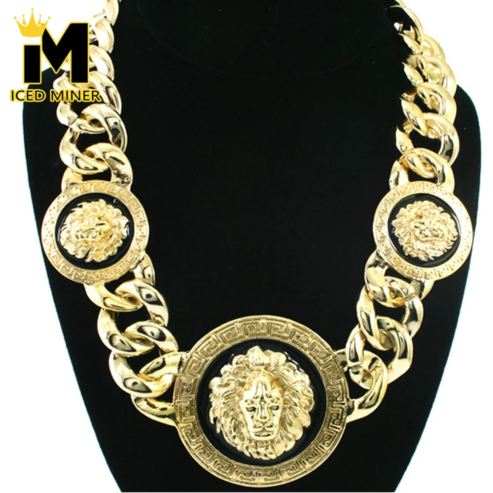 

3 Lion Heads Pendants Necklaces Gold Plated Cuban Chain Necklaces Statement Girl Hip Hop Jewelry Chokers Collar Free Ship