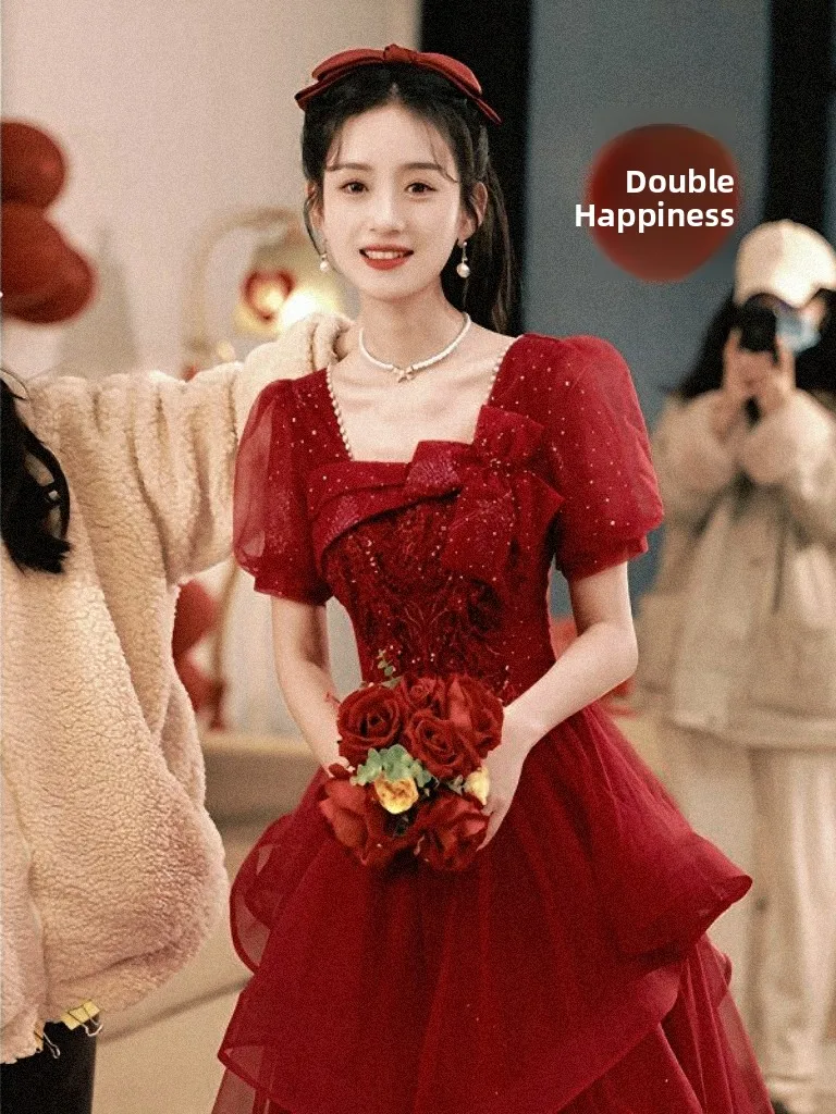 

Новое свадебное платье 2025 года, красное, летнее, легкое, длинное, приталенное, для свадебного торжества, прощания с девичьей жизнью, с завышенной талией