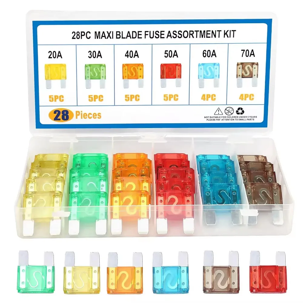 28 Pieces Maxi Blade Fuse Assortment, 20A 30A 40A 50A 60A 70A Big Fuse Kit, Large Size Fuses for Car, SUV, Motorcycle, Truck