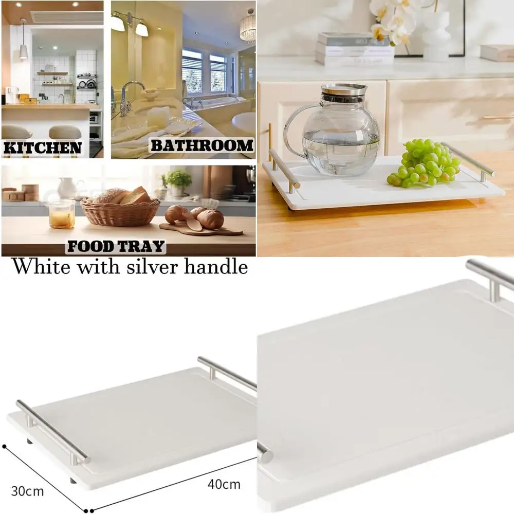 

Quick-Dry Stone Sink Organizer with Handle, Kitchen & Bathroom Countertop Tray, White with Silver Handle