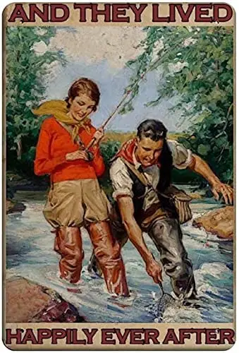 Fishing Metal Tin Sign,They are Fishing,and They Lived Happily Ever After,Wall Decor for Home Bar Restaurant Cafe Pub Outdo sign