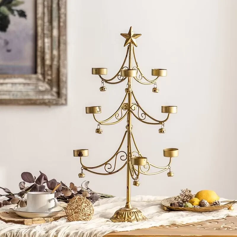 

Nordic French Christmas candlestick wrought iron gold old Christmas tree shape table decoration photography props Christmas