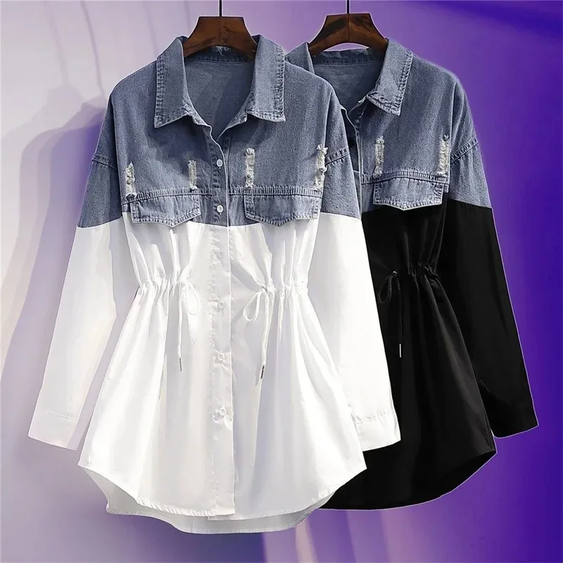 

Женская рубашка-куртка из денима на весну-осень, новая, с эффектом двухслойности, с завязками, имитация юбки, джинсовый топ для женщин