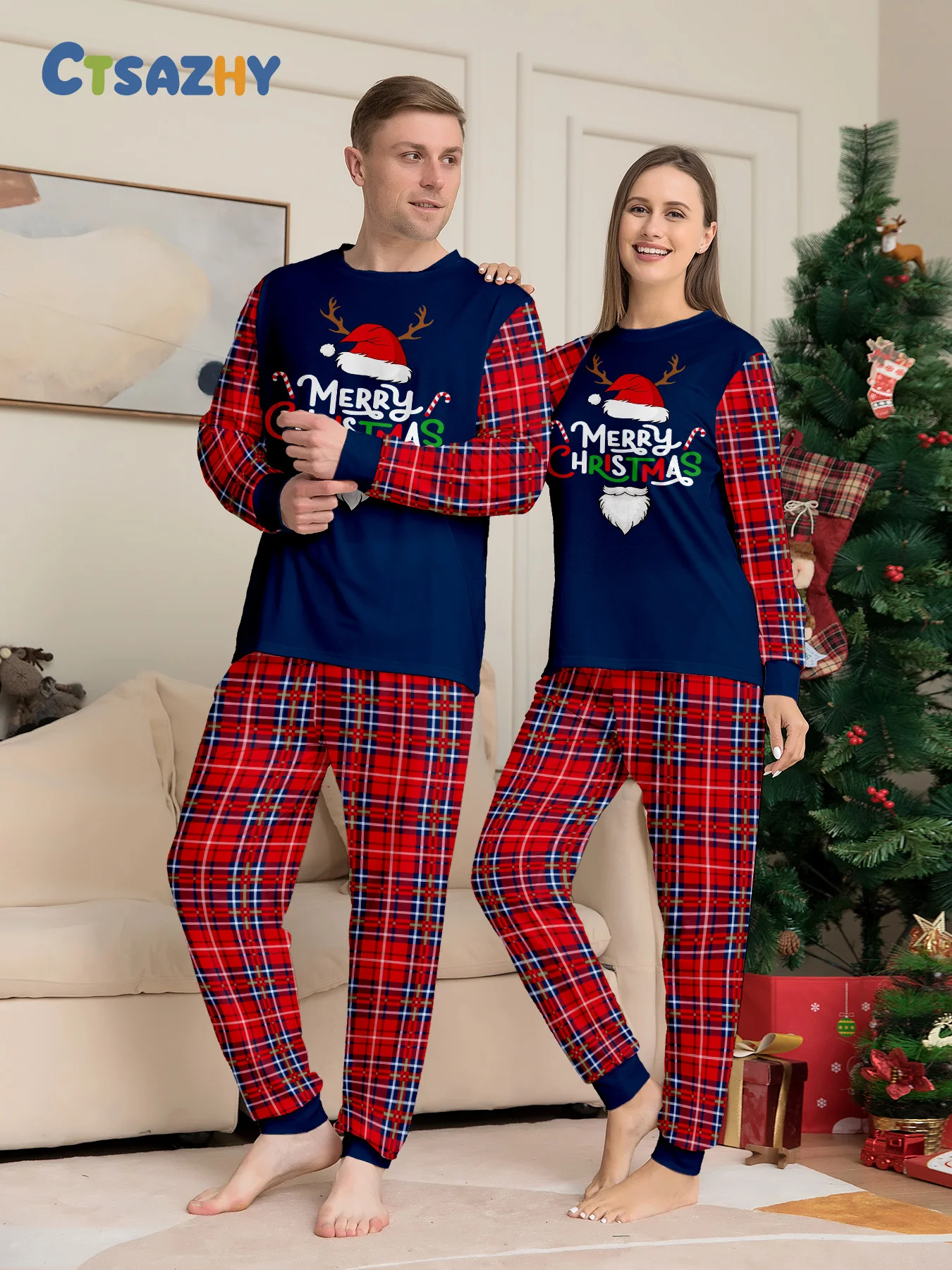 Christmas Couple Sleepwear Set - Long Sleeve Navy Santa Hat Reindeer "Merry Christmas" Print & Red Plaid Pants Pajamas