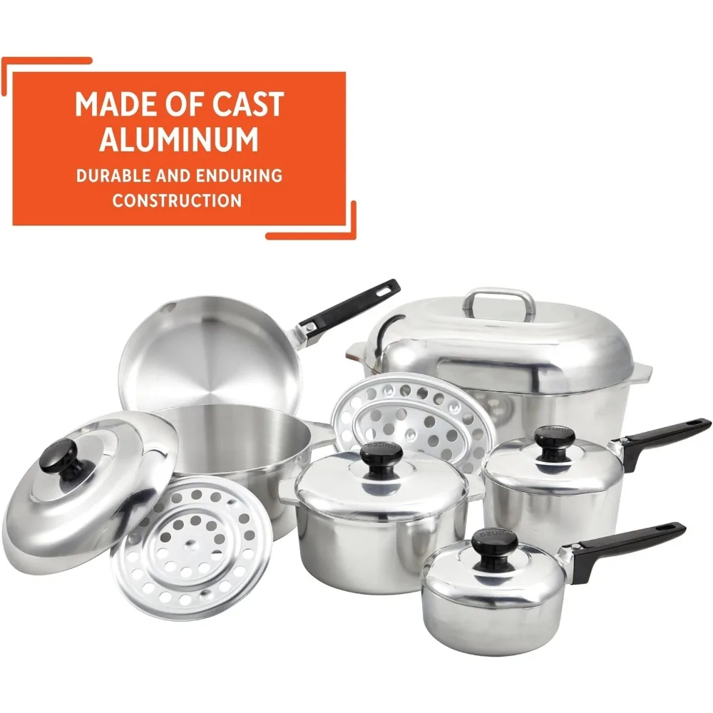 مجموعة أواني طهي كاجون من الألومنيوم المصبوب مكونة من 13 قطعة من الولايات المتحدة الأمريكية، تسخين فضي بسرعة وتساويً مقبض الباكليت ومقبض شحن سريع #4