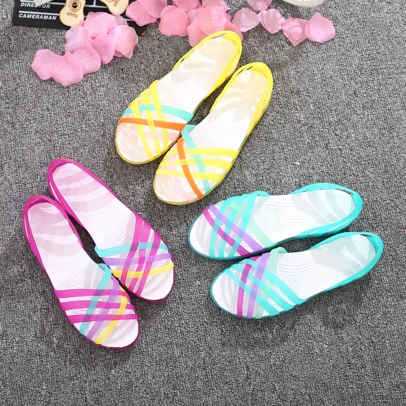 Comemore Women\'s Sandals 2024 Jelly Peep Toe Female Flat Beach Shoes Slip on Slides Casual Ladies Summer Footwear