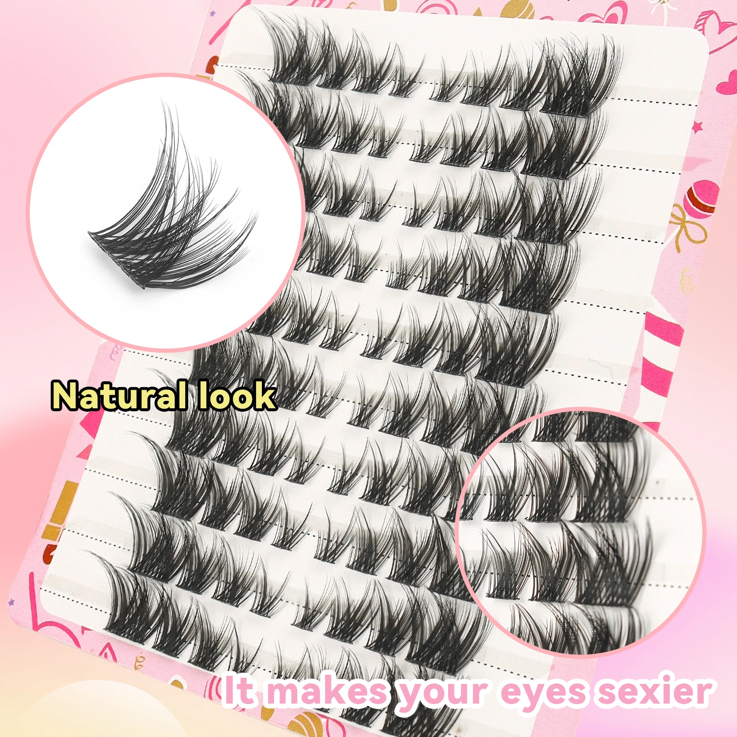 Sztuczne rzęsy w kępkach, gęste, model 60/80 kępek, miękkie i wygodne, dla dziewczyn, grupowe, kreskówkowe oczy.