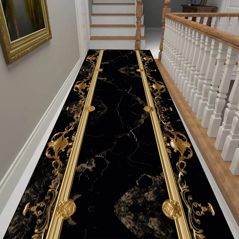 

Luxury Black Gold Frame Home Long Corridor Carpet Non-slip Stairway Rug European Hotel Lobby Passageway Runner Customizable Mats