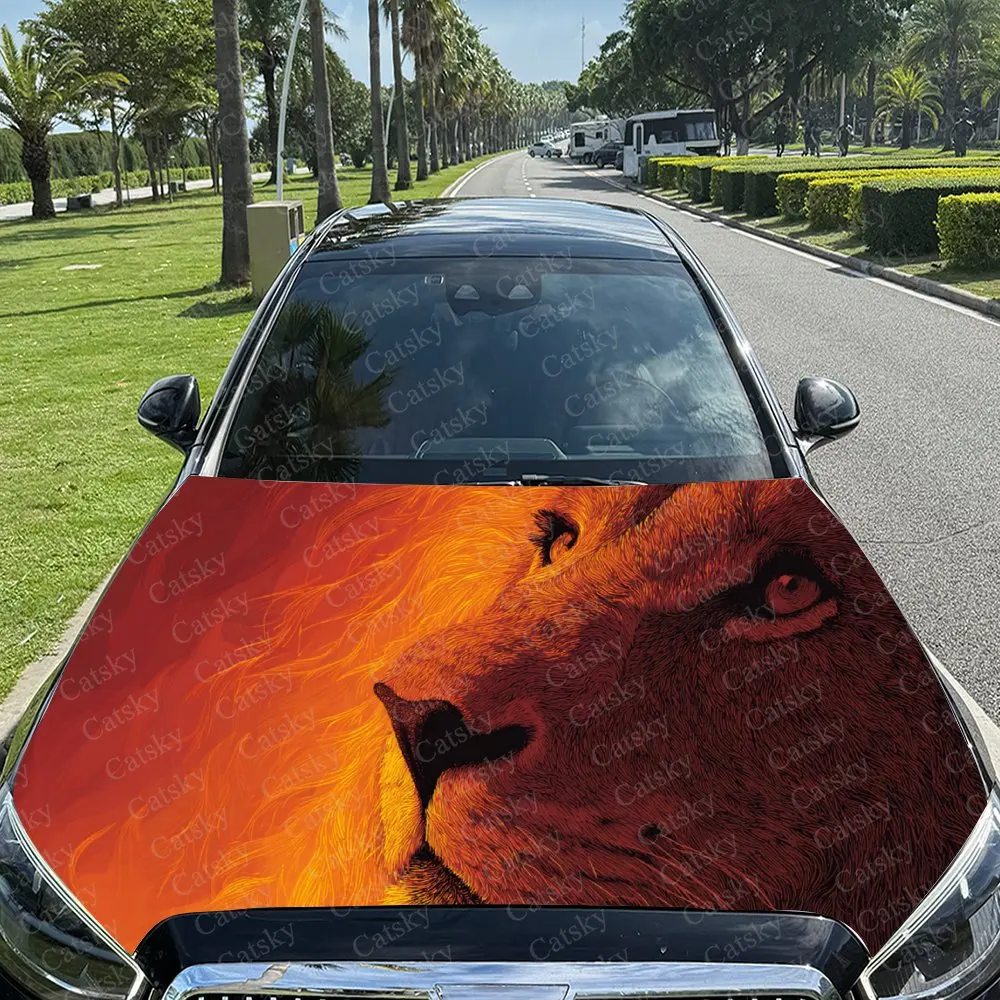Car Decal Lion with Orange Textural Artistic Fusion Design, Creating a Mysterious and Fiery Visual Car Hood Sticker, Waterproof