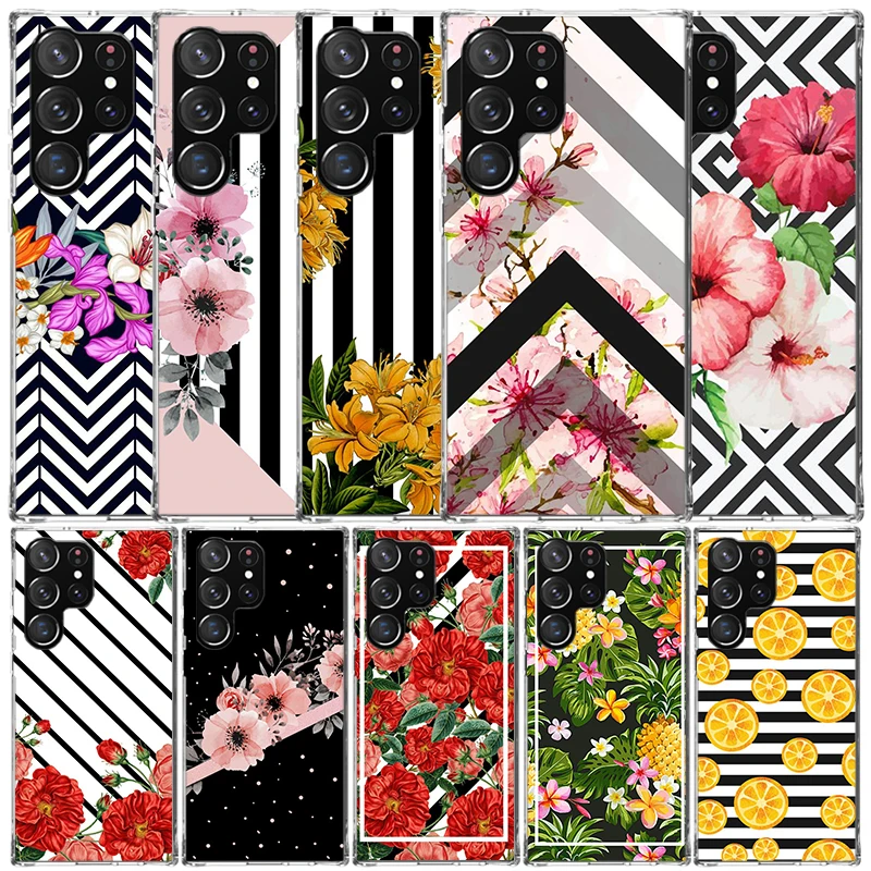 Black White Stripes Flower Phone Case For Samsung Galaxy S22 S23 S24 Ultra S21 S20 FE S10 Plus S10E S9 S8 + S7 Edge Soft TPU Bac