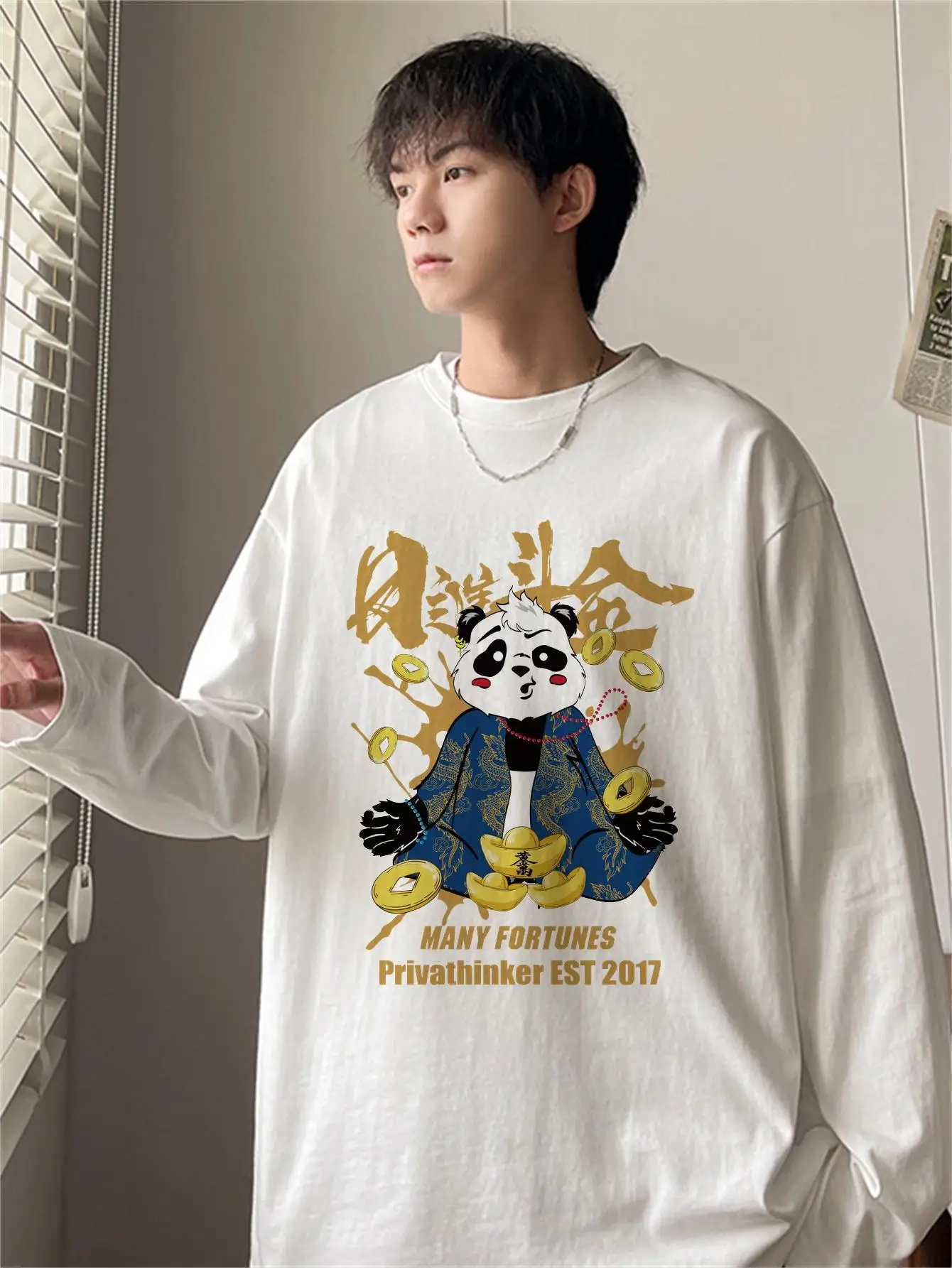 Many Fortunes Panda Print Men T-shirts Long Sleeve Autumn Unisex Tees 100% Cotton Oversize Male Fashion Brand Clothing Harajuku