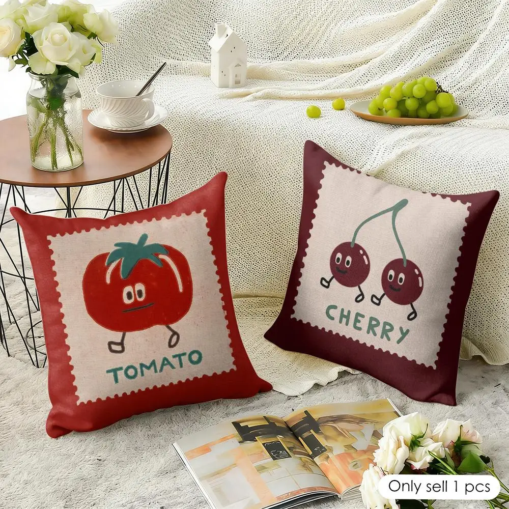 Fruit stamps Cushion Cover Natural Linen Organic Fabric Double-Sided Printing Breathable Perfect for Home Decor